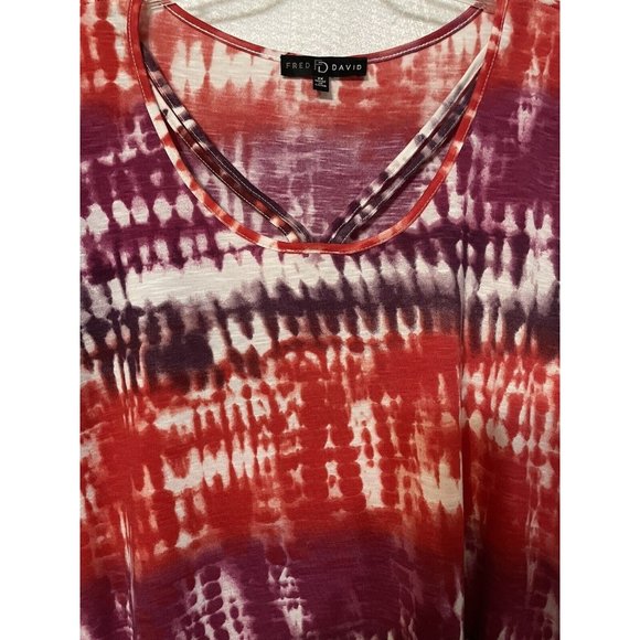 Fred David Hippie Blouse Plus Size 2X Orange Purple White Short Sleeve Tie Dye V - Picture 8 of 14